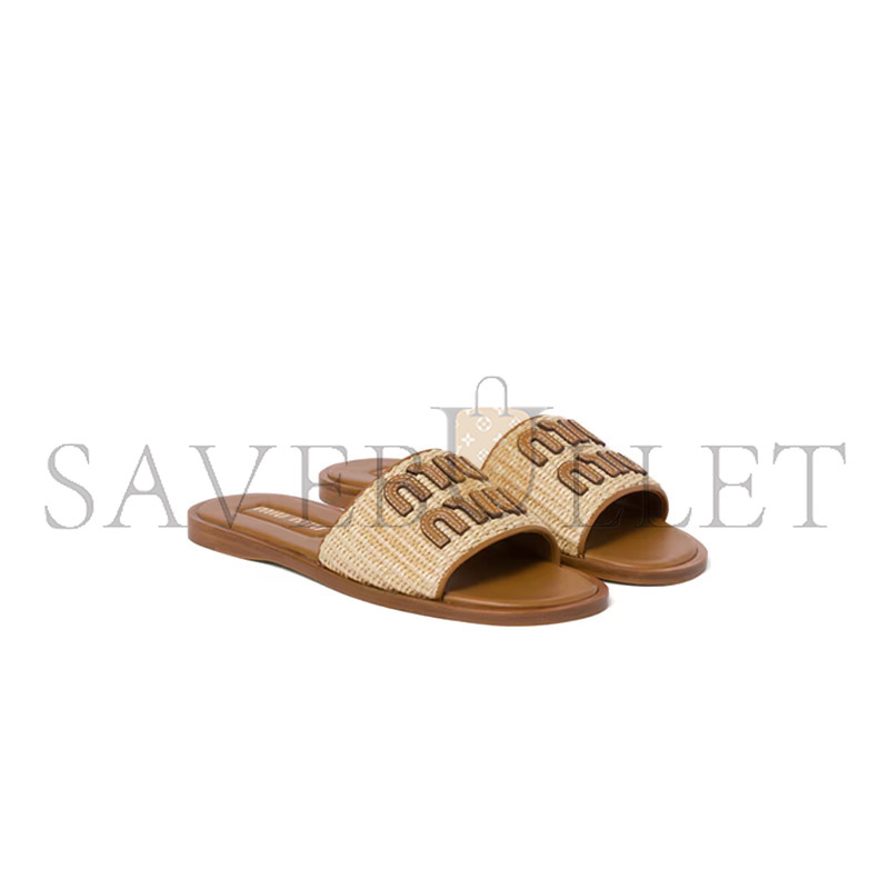 MIU MIU RAFFIA-EFFECT WOVEN FABRIC SLIDES 5XX644